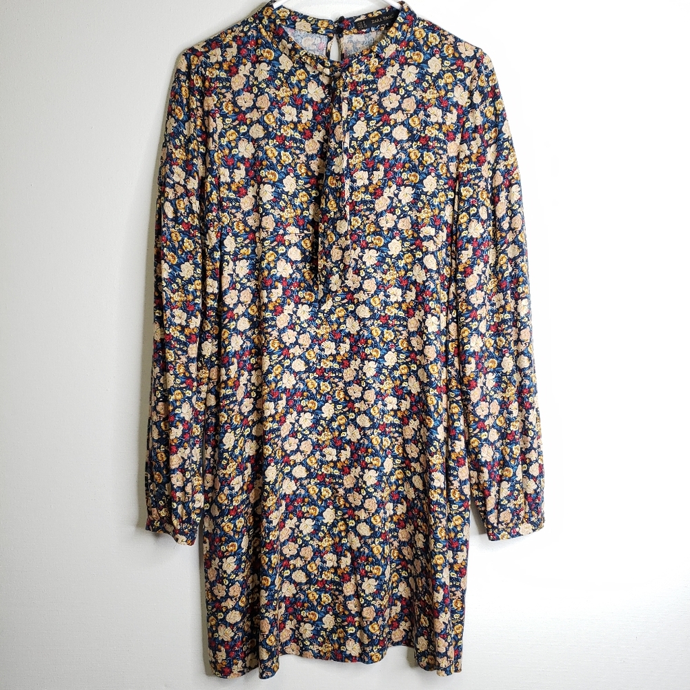 ZARA Basic Floral Drop Sleeve Tie Shift Dress S
